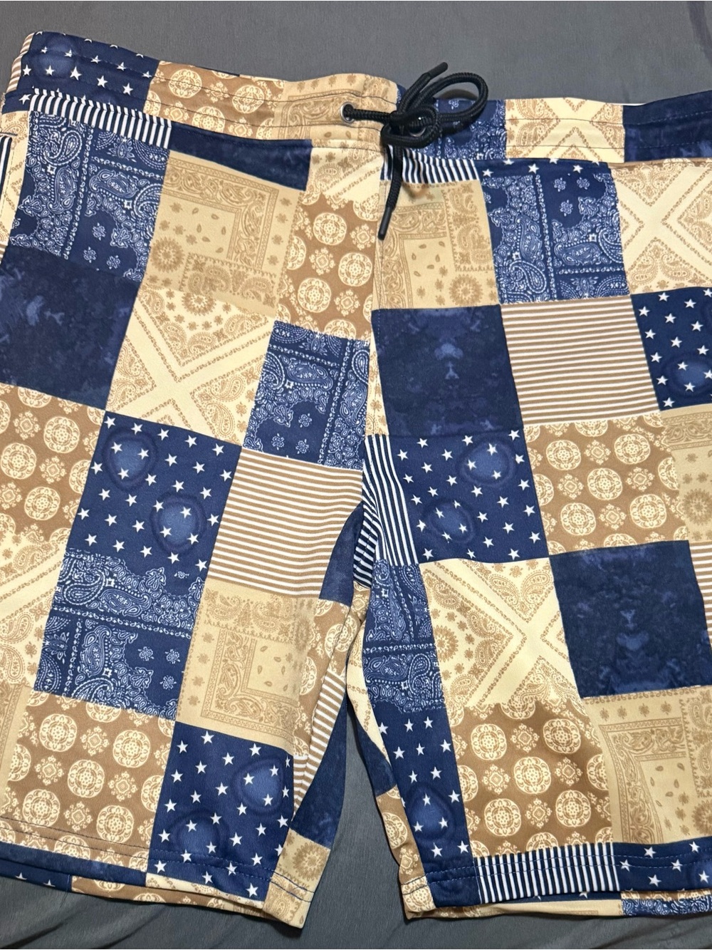 Fresh Prints of Bel-Air - Navy & Tan Patchwork Board Shorts - XL new with tags